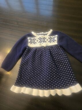Girls Navy and White Knit Heart-Pattern Dress